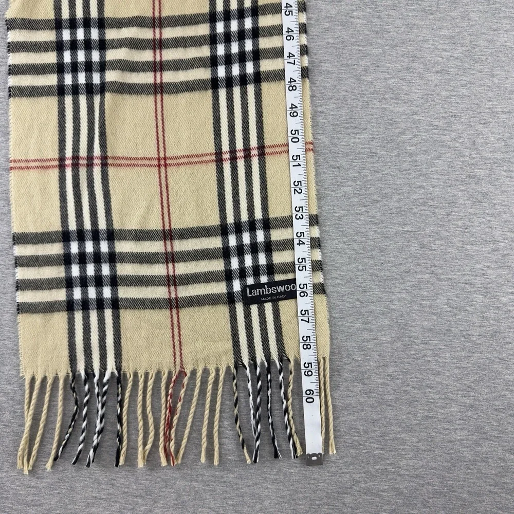 Women's Checked Lambswool Scarf Made in Italy –‎ Beige Black Red Fringe